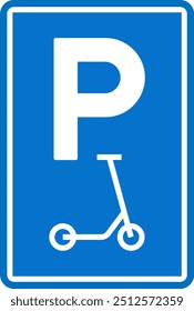 Señal de estacionamiento de scooter, símbolo de la carretera. Patada scooter aparcamiento icono público calle lugar.