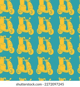 Scooter pattern, vector image. Moped seamless pattern, cartoon drawing. Food delivery. Textile, background