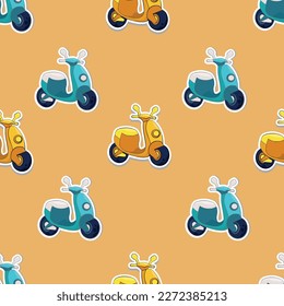 Scooter pattern, vector image. Moped seamless pattern, cartoon drawing. Textile, background