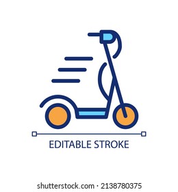 Icono de color RGB perfecto para píxel escotés. Vehículo motorizado y eléctrico. Transporte móvil. E scooter. Ilustración vectorial aislada. Dibujo de línea simple relleno. Trazo editable. Tipo de letra arial utilizado