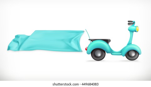 Scooter and promotion banner, 3d vector icon