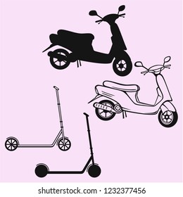 scooter and push scooter, vector silhouette isolated