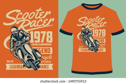 Scooter Racer - Afiche tipográfico vectorial. Etiqueta de motocicleta, placa, logotipo, icono o pantalones t