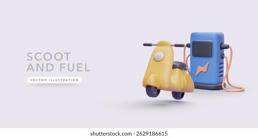 Scooter Reabastecendo no moderno posto de gasolina com cores brilhantes e design mínimo. Conceito de mobilidade urbana em estilo 3D. Ilustração de vetor