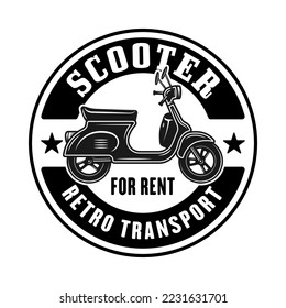 Scooter rent vector round emblem, logo, badge or label in vintage monochrome style isolated on white background