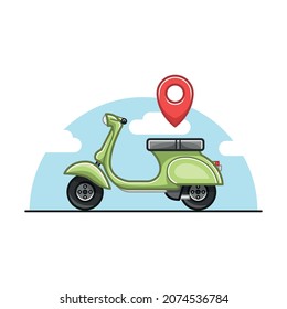 Ilustración de alquiler de Scooter, icono de vector de transporte de esquinas de color verde, infraestructura urbana, e-scooter de servicio de alquiler, transporte ecológico, viajes ecológicos, aislado en fondo blanco.