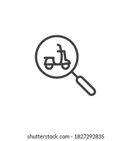Scooter rental search line icon. linear style sign for mobile concept and web design. Magnifying glass with scooter outline vector icon. Symbol, logo illustration. Vector graphics
