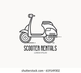 Logotipo de servicio de alquiler de Scooter. Ilustración vectorial de etiqueta pequeña o motocicleta aislada en fondo blanco. Logotipo de alquiler de motos en diseño delgado.