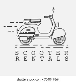 Scooter rental service logotype. Small motorcycle or moped label vector illustration isolated on white background. Motorbike rentals logo in thin line design.