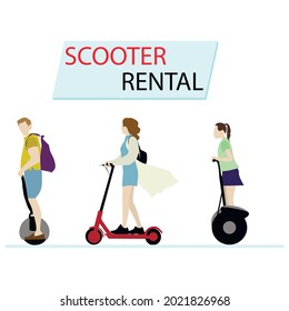 Scooter rental, urban city transport, eco moving in town. Vector vehicle travel city, modern wheel, active urban transportation service, cityscape scooter share illustration