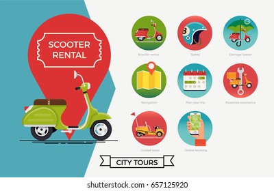 Scooter rental vector items set. Cool ‘Rent a Scooter’ design elements