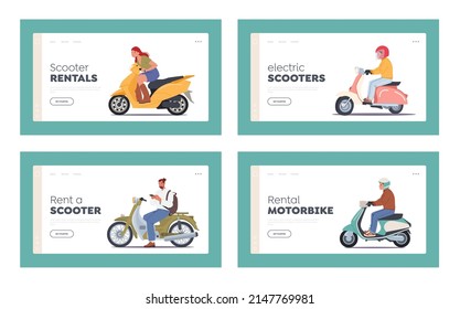 Scooter Rentals Landing Page Template Set. Motorcyclist Riders Wear Helmets Driving Motor Bikes, Biker Characters Riding Motorcycles. People on Modern City Transport, Cartoon Vector Illustration