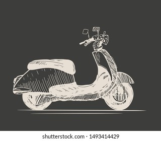 Scooter. Retro transport. Vector hand drawn illustrator