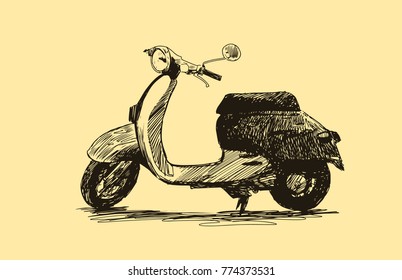 Scooter. Retro-Transport. handgezeichnete Vektorgrafik