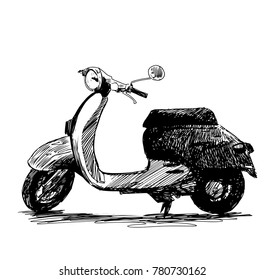 Scooter. Retro transport. Vector hand drawn illustration