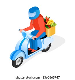 Scooter Rider Delivers Food Isometric Illustration. Motorbike Rider, Courier Wearing Helmet Flat Character. Realistic Fresh Vegetables in Box. Fast Urban Delivery Service, Express Shipping