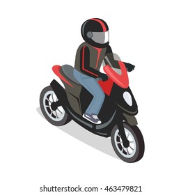 Scooter rider illustration in isometric projection. Picture for city transport, rtaveling concepts, web, applications icons, infographics, logotype design. Isolated on white background.  