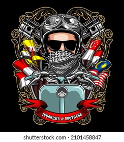 scooter rider using a turban, t-shirt design, biker, motorcycle club, patch, naked bike, cool helmet, arai, shovelhead engine, panhead, knucklehead, vespa, lambretta, Rollerfahrer, Motorradfahrer