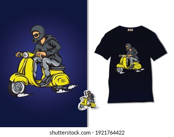 Scooter rider vector. The man riding scooter illustration with t shirt design