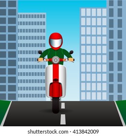 Scooter rides on an asphalt road in the middle of the city. Vector Image.