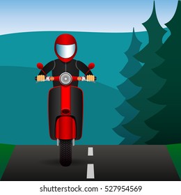 Scooter rides on asphalt roads in the forest. Vector Image.