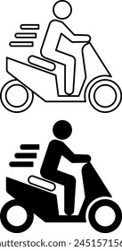 Scooter Riding Icons. Black and White Vector Icons of a Man Riding a Scooter to Work. Megapolis car. Transport Concept