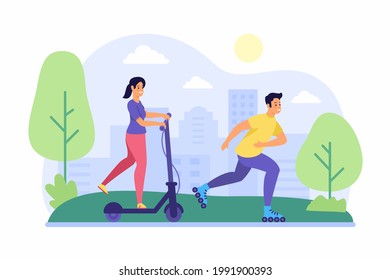 Scooter and roller skating in park. Young woman rides joyful on electric scooter. Guy runs asphalt on roller skates. Active sports and outdoor walks in park. Vector flat illustration