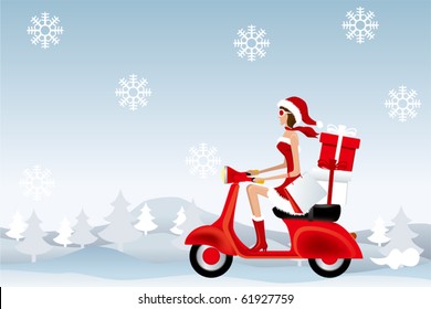 Scooter Santa Girl. Illustration vector.
