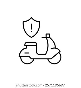 Scooter and security shield with exclamation mark. Personal mobility vehicles hazards and safety precautions. Pixel perfect, editable stroke icon