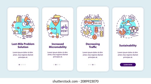 Scooter sharing benefits onboarding mobile app page screen. Increased micromobility walkthrough 4 steps graphic instructions with concepts. UI, UX, GUI vector template with linear color illustrations