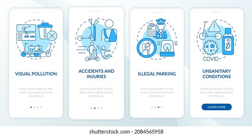 Scooter sharing issues onboarding mobile app page screen. Visual clutter walkthrough 4 steps graphic instructions with concepts. UI, UX, GUI vector template with linear color illustrations
