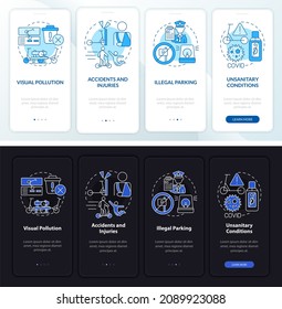 Scooter sharing issues onboarding mobile app page screen. Injuries risk walkthrough 4 steps graphic instructions with concepts. UI, UX, GUI vector template with linear night and day mode illustrations