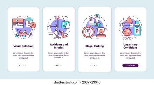 Scooter sharing problems onboarding mobile app page screen. Visual pollution walkthrough 4 steps graphic instructions with concepts. UI, UX, GUI vector template with linear color illustrations