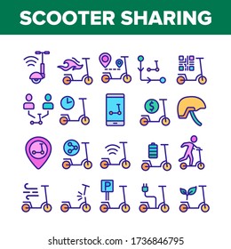 Scooter Sharing Rent Service Icons Set Vector. Scooter Sharing Phone Application, Charger Electronic Transport, Barcode And Gps Mark Concept Linear Pictograms. Color Illustrations