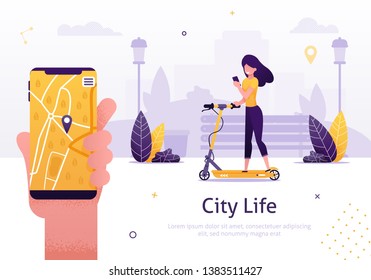 Scooter Sharing and Rent Service for Mobile App Banner Vector Illustration. Mujer con vehículo deportivo. Pedidos en línea. Chica moviéndose por la ciudad. Mapa de Internet de mano.