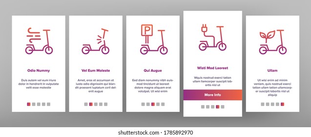 Scooter Sharing Rent Service Onboarding Mobile App Page Screen Vector. Scooter Sharing Phone Application, Charger Electronic Transport, Barcode And Gps Mark Illustrations