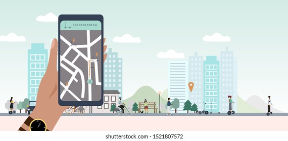 Scooter sharing or rental concept. City Eco transportation banner. Electric rental spot with geo tag. Online e-scooter rent service app. Flat vector illustration for banner, web, mobile app, poster.