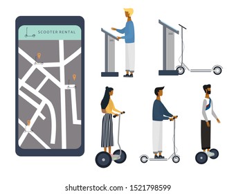 Scooter sharing or rental concept set. Woman, men on e-scooter are riding. Electric scooter rent service app. Flat vector illustration for banner, web, mobile app, flyer, poster.