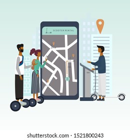 Scooter sharing or rental concept . Woman and men with electric scooters at the rental spot. Online e-scooter rent service on a big smartphone. Flat vector for banner, web, mobile app, flyer, poster