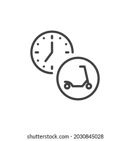 Scooter-Sharing-Zeit-Symbol. lineares Stilzeichen für mobiles Konzept und Webdesign. Elektrisches Roller- und Uhrenkartensymbol Symbol, Logo-Abbildung. Vektorgrafik