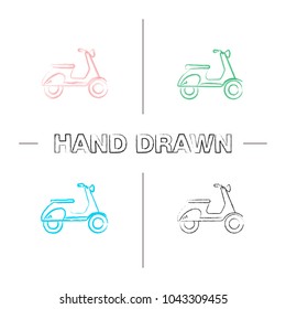Scooter side view hand drawn icons set. Motorbike. Color brush stroke. Isolated vector sketchy illustrations