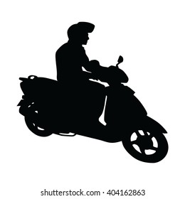 Scooter side view, isolated vector silhouette, motorcycle rider