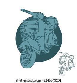 scooter silhouette front view, line art style. round navy blue background