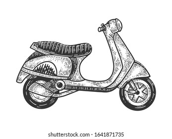 Scooter sketch engraving vector illustration. T-shirt apparel print design. Scratch board imitation. Black and white hand drawn image.