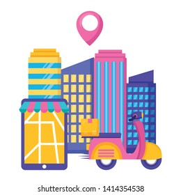 scooter smartphone city destination fast delivery business vector illustration