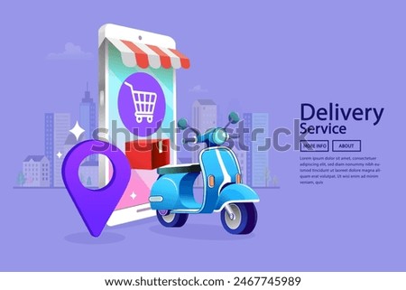 A scooter and smartphone, a vector illustration of fast and convenient online delivery and express shipping services, with urban logistics and a city background for retail and online purchases.