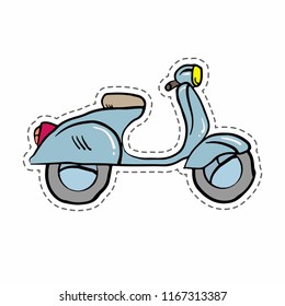 Scooter sticker on white background.  Doodle blue scooter. Delivery concept. Stock vector illustration.