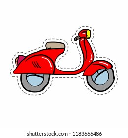 Scooter sticker on white background.  Doodle red scooter. Stock vector illustration.