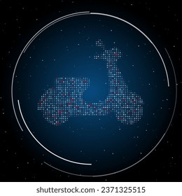 The scooter symbol filled with white dots. Pointillism style. Some dots is red. Vector illustration on blue background with stars