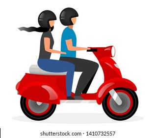 Scooter taxi flat vector illustration. Boyfriend and girlfriend riding motorcycle cartoon character isolated on white background. Couple driving red motorbike. Young boy and girl on moto bike